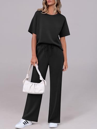 ANRABESS Women's Summer Casual 2 Piece Lounge Sets Wide Leg Pant Set
| ANRABESS Women's Matching Tracksuits Short Sleev