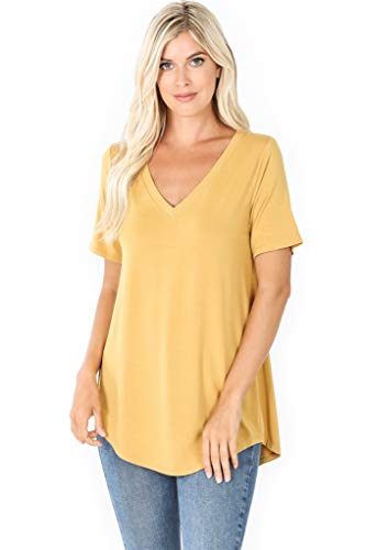 Zenana Luxe Rayon Short Sleeve V-Neck HI-Low Hem TOP Lt Mustard Women Summer Casual Dress