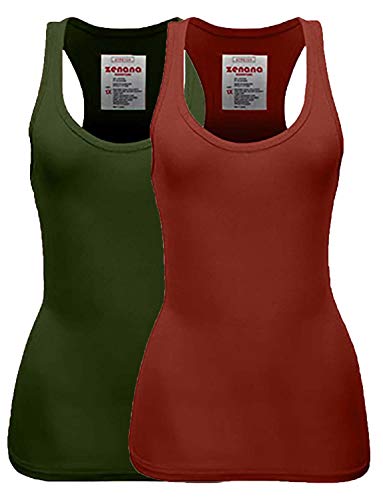 Zenana Women's Plus Size Plain Solid Color Ribbed Racerback Tank Top (X-Large, 2 Pack: Rust, Army Green)